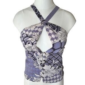 Eva Fortune S Silk Spandex Halter Purple Floral Y2K Keyhole Crisscross Top